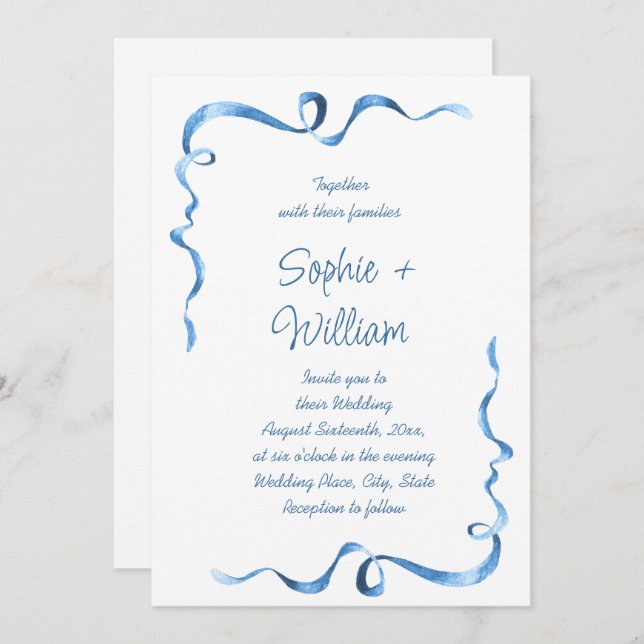 Elegant Dusty Blue Hand Drawn Bow Wedding Invitation (Front/Back)