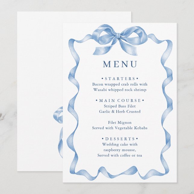 Elegant Dusty Blue Hand Drawn Bow Wedding Menu (Front/Back)