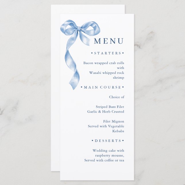 Elegant Dusty Blue Hand Drawn Bow Wedding Menu (Front/Back)