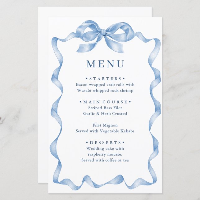 Elegant Dusty Blue Hand Drawn Bow Wedding Menu (Front/Back)