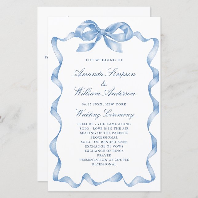 Elegant Dusty Blue Hand Drawn Bow Wedding Program (Front/Back)