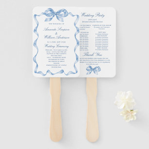 Elegant Dusty Blue Hand Drawn Bow Wedding Program Hand Fan