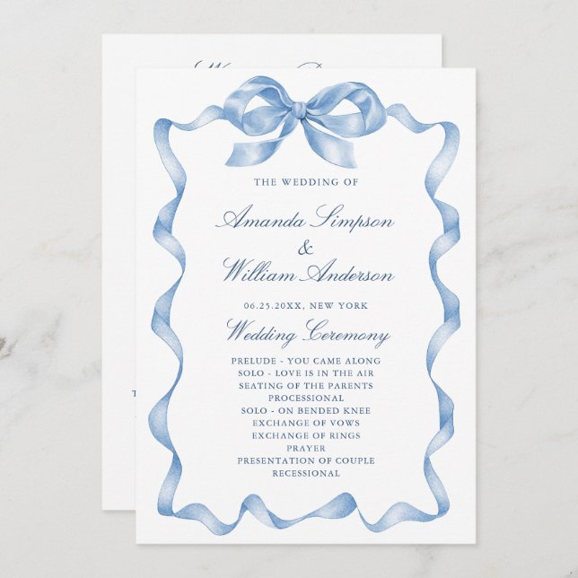Elegant Dusty Blue Hand Drawn Bow Wedding Program Programme (Front/Back)