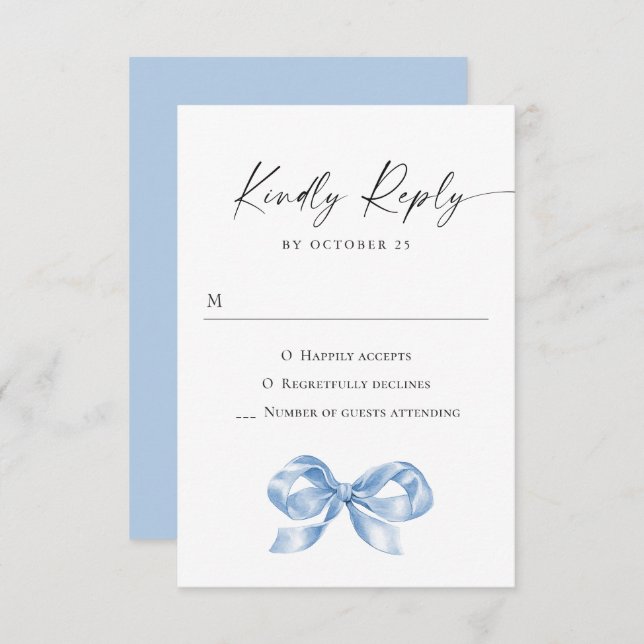 Elegant Dusty Blue Hand Drawn Bow Wedding RSVP Card (Front/Back)