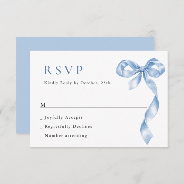Elegant Dusty Blue Hand Drawn Bow Wedding RSVP Card (Front/Back)