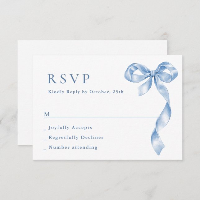 Elegant Dusty Blue Hand Drawn Bow Wedding RSVP Card (Front/Back)