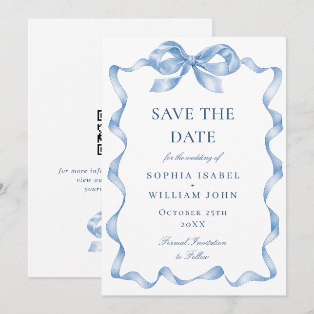 Elegant Dusty Blue Hand Drawn Bow Wedding Save The Date (Front/Back)