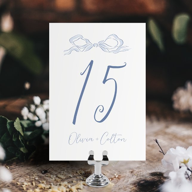 Elegant Dusty Blue Hand Drawn Bow Wedding Table Number (Elegant Dusty Blue Hand Drawn Bow Wedding Table Number)