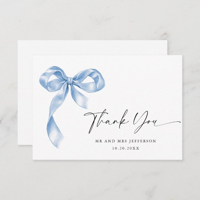 Elegant Dusty Blue Hand Drawn Bow Wedding Thank You Card (Front/Back)