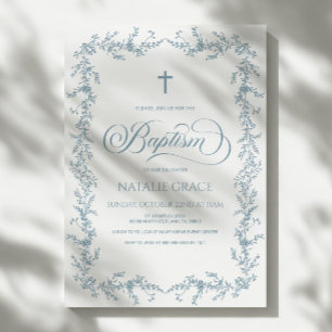 Elegant Dusty Blue Hand Drawn Floral Frame Baptism Invitation