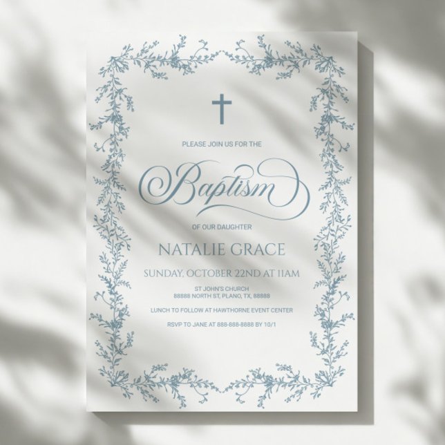 Elegant Dusty Blue Hand Drawn Floral Frame Baptism Invitation (Creator Uploaded)