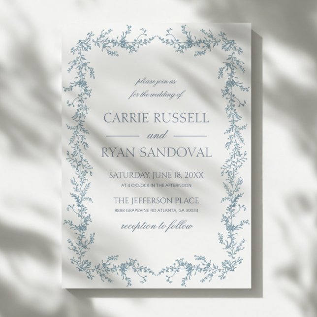 Elegant Dusty Blue Hand Drawn Floral Frame Wedding Invitation (Creator Uploaded)