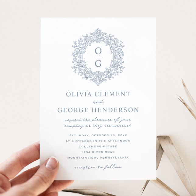 Elegant Dusty Blue Heirloom Crest Wedding Invitation (Creator Uploaded)