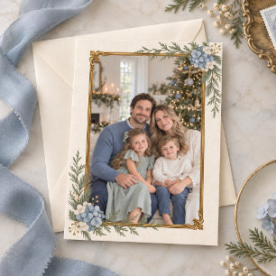 Elegant Dusty Blue Hydrangea Happy Holidays Photo Holiday Card