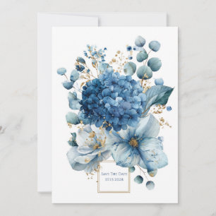 Elegant Dusty Blue Hydrangea Peony Gold Glitter Invitation