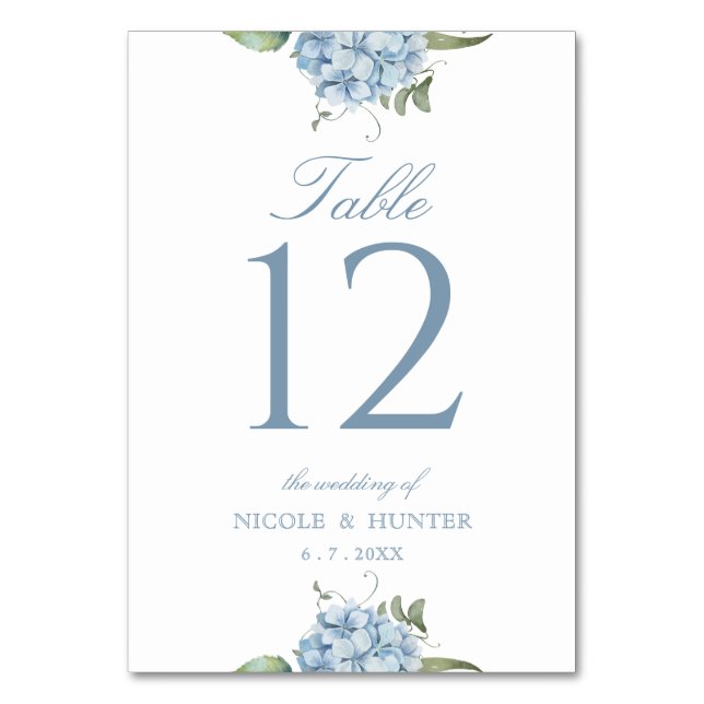 Elegant Dusty Blue Hydrangea Wedding Table Number (Front)