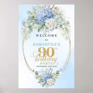 Elegant Dusty Blue Hydrangeas 90 Birthday Welcome Poster