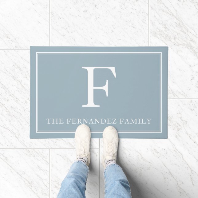 Elegant Dusty Blue Initial Family Name Doormat (Indoor)
