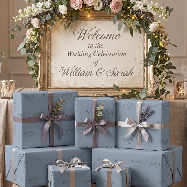 Elegant Dusty Blue initial wedding couples Wrapping Paper (Creator Uploaded)