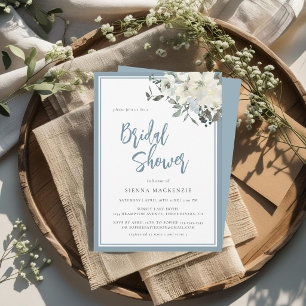 Elegant Dusty Blue Ivory Floral Bridal Shower Invitation