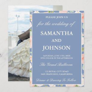 Elegant Dusty Blue Ivory Floral Photo Wedding Invitation