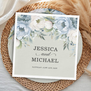 Elegant Dusty Blue Ivory Floral Sage Green  Napkin