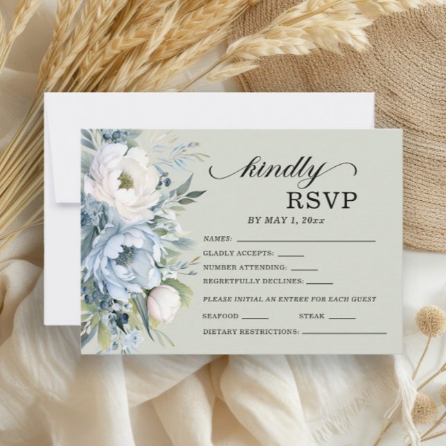 Elegant Dusty Blue Ivory Floral Sage Green  RSVP Card (Dusty blue and white watercolor floral on sage green wedding RSVP card.)