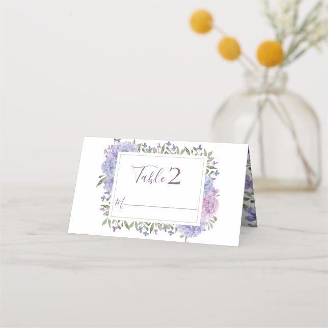 Elegant Dusty Blue & Lilac Watercolor Floral Place Card (Front)
