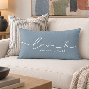 Elegant Dusty Blue Love Heart Couple Names Lumbar Cushion
