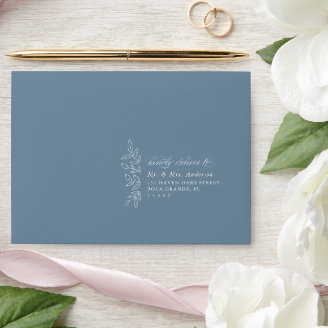 Elegant Dusty Blue Minimal Boho Leaf Wedding Envelope (Wedding)