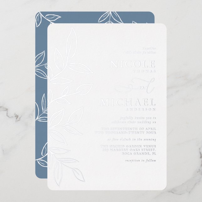 Elegant Dusty Blue Minimal Silver Leaf Wedding (Front/Back)