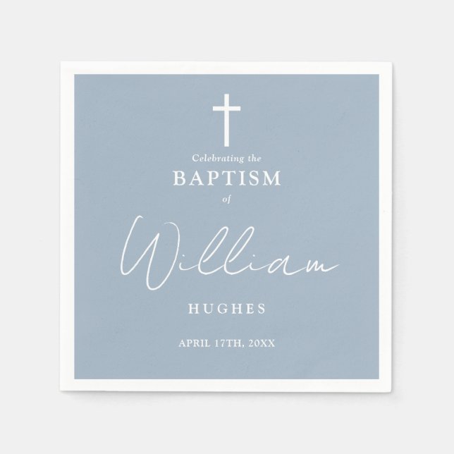 Elegant Dusty Blue Minimalist Baptism Christening Napkin (Front)
