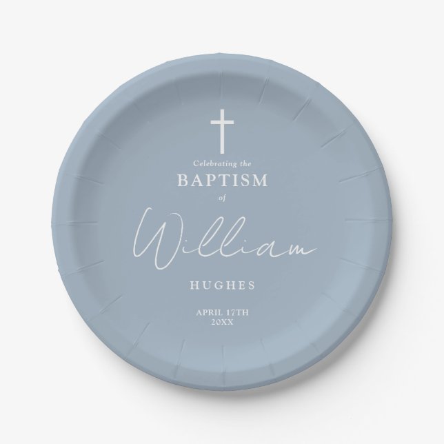 Elegant Dusty Blue Minimalist Baptism Christening Paper Plate (Front)