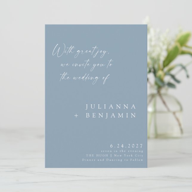 Elegant Dusty Blue Minimalist Chic Script Wedding Invitation (Standing Front)