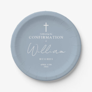 Elegant Dusty Blue Minimalist Confirmation Paper Plate