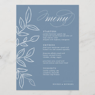 Elegant Dusty Blue Minimalist Leaves Wedding Menu