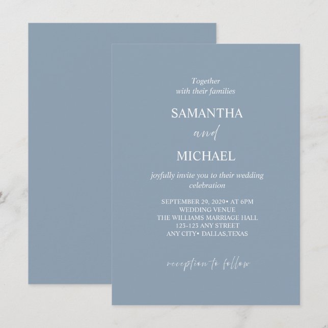 Elegant Dusty-Blue Minimalist Wedding Invitation (Front/Back)