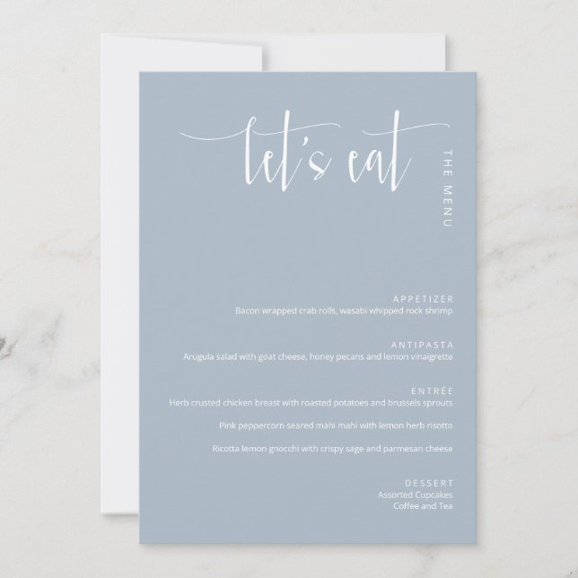 Elegant Dusty Blue Modern Let's Eat Thank You Menu (Front)