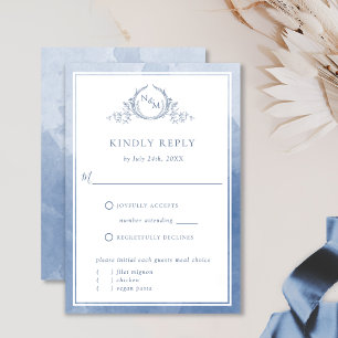 Elegant Dusty Blue Monogram and Watercolor RSVP Card
