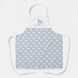 Elegant Dusty Blue Monogram Butterfly Pattern Apron