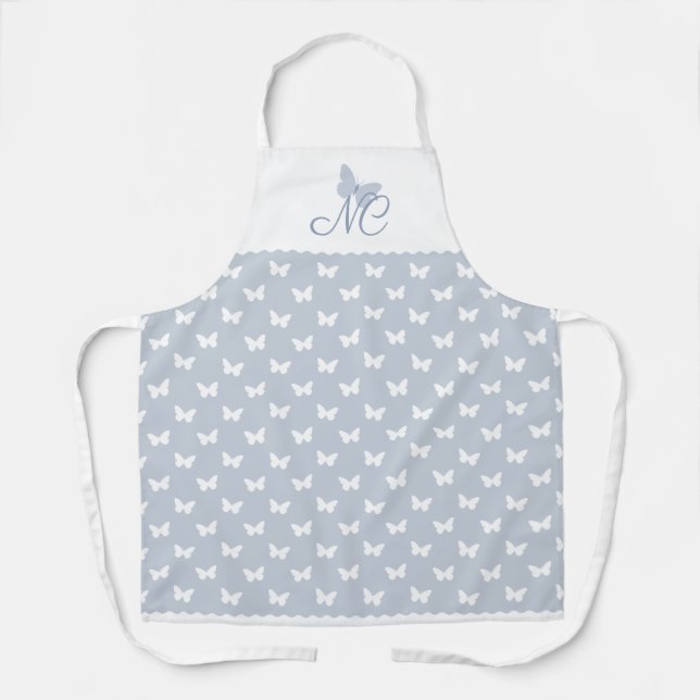 Elegant Dusty Blue Monogram Butterfly Pattern Apron (Front)