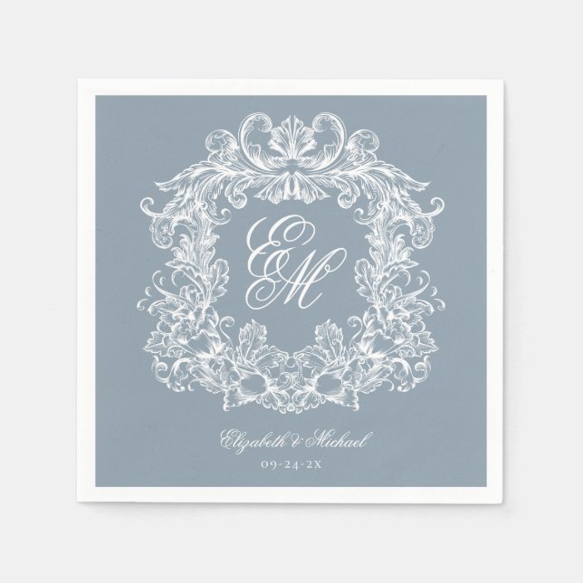 Elegant Dusty Blue Monogram Crest Script Wedding Napkin (Front)