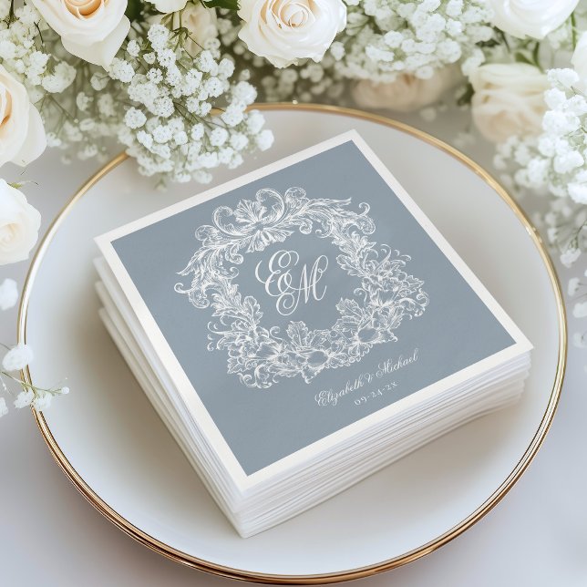 Elegant Dusty Blue Monogram Crest Script Wedding Napkin (Creator Uploaded)