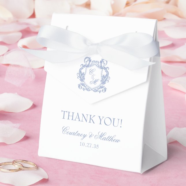 Elegant Dusty Blue Monogram Crest Thank You Favour Box (Wedding)