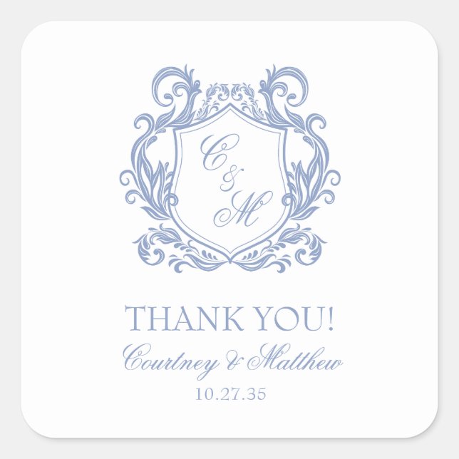 Elegant Dusty Blue Monogram Crest Thank You Square Sticker (Front)