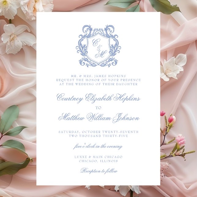 Elegant Dusty Blue Monogram Crest Wedding Invitation (Creator Uploaded)