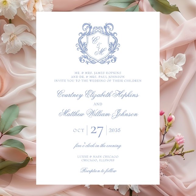 Elegant Dusty Blue Monogram Crest Wedding Invitation (Creator Uploaded)