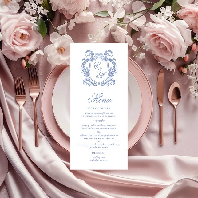 Elegant Dusty Blue Monogram Crest Wedding Menu (Creator Uploaded)
