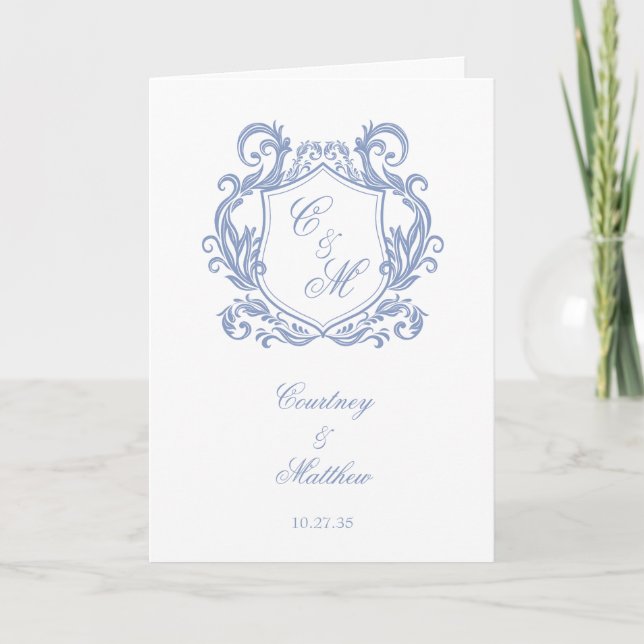 Elegant Dusty Blue Monogram Crest Wedding Programme (Front)