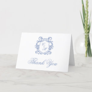 Elegant Dusty Blue Monogram Crest Wedding Thank You Card